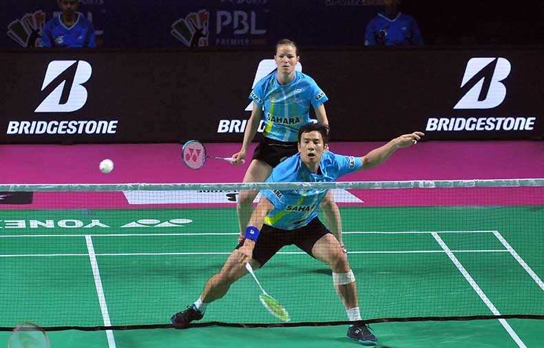 Awadhe Warriors' Ko Sung Hyun and Christinna Pedersen in action as Lucknow hosts the last match of the home leg against the Mumbai Rockets on Wednesday. (Image: PBL)