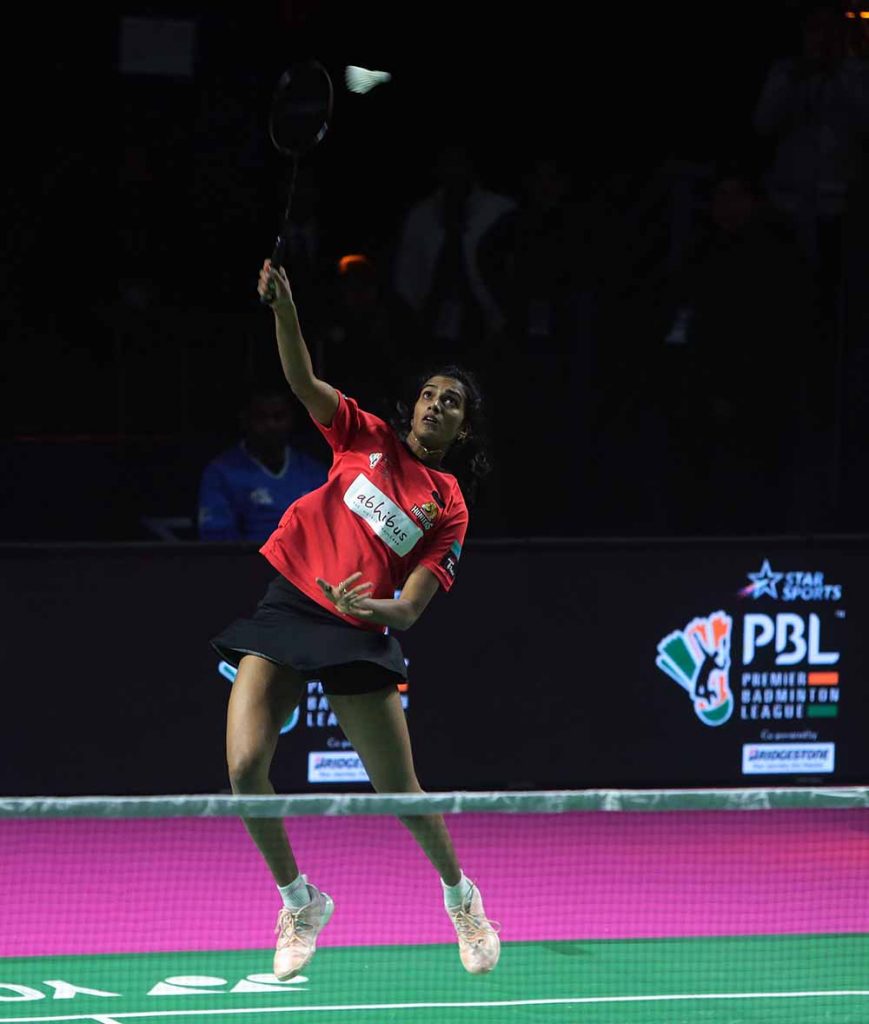 PV Sindhu in action during hr 15-8, 15-8 win over Awadhe Warriors Tanvi Lad  in Lucknow on Sunday