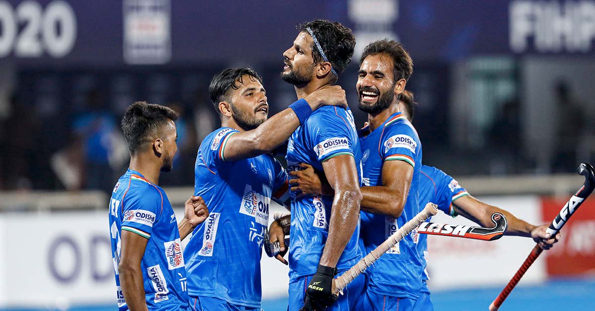 Indian players celebrate during their Hockey Pro League match against Australia (Image: Hockey India)