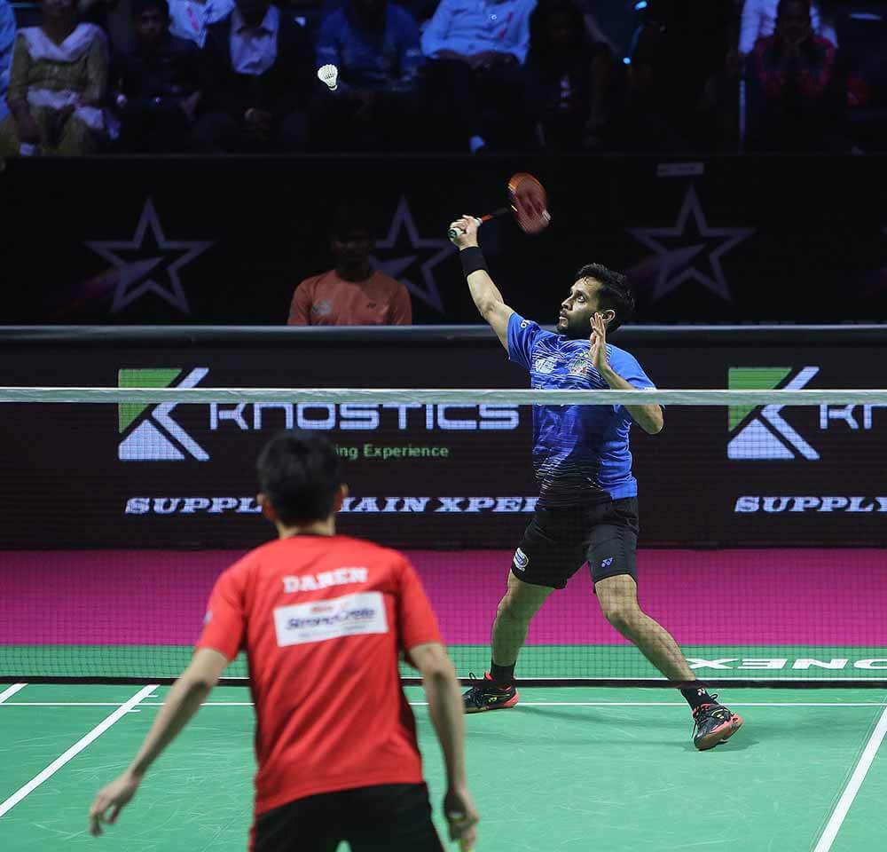 Mumbai Rockets' Parupalli Kashyap in action against Daren Liew during his 8-15, 13-15 win in Hyderabad
