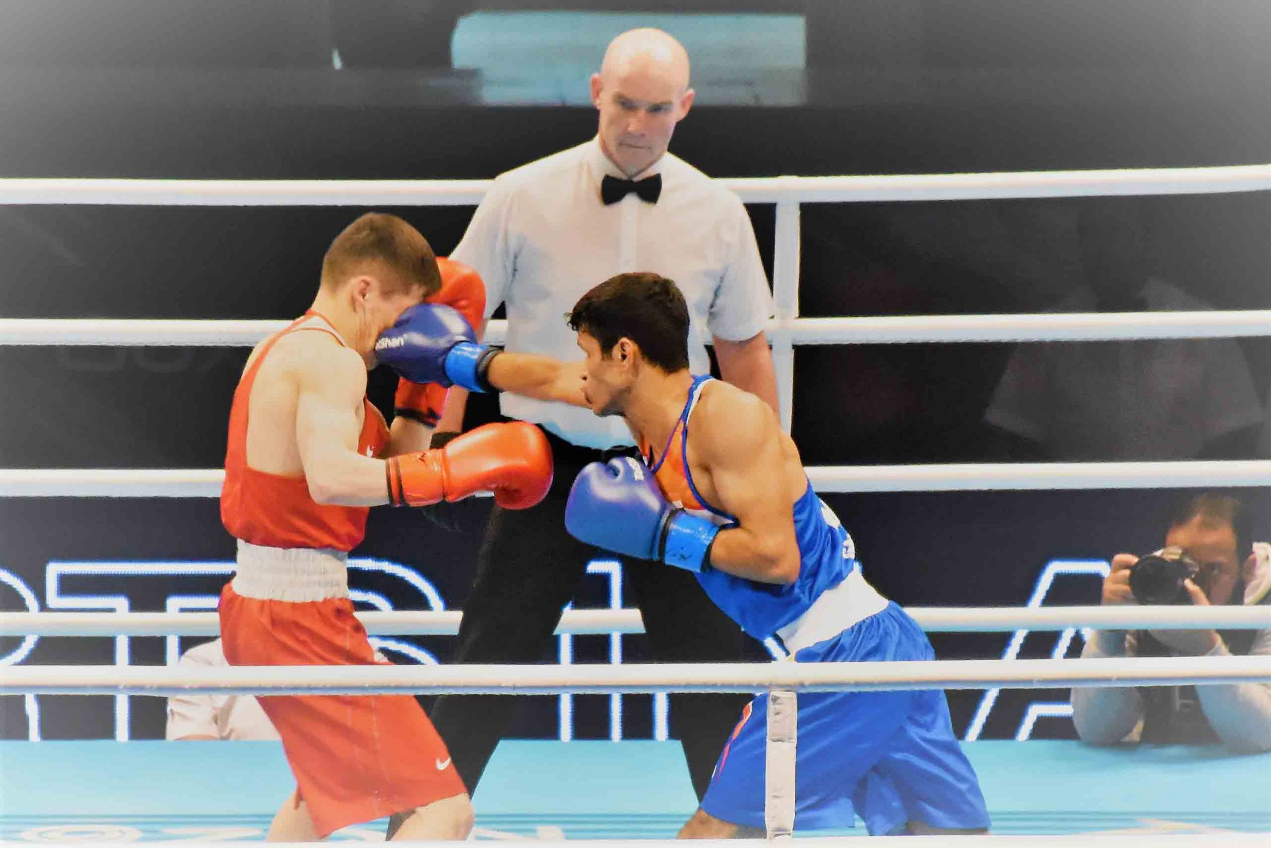 Gaurav Solanki in action on day 1 as India won both the bout at the Asia Ocenia Olympic Qualifiers in Amman,Jordon on Tuesday 