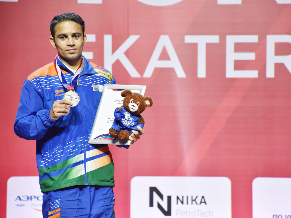 Amit Panghal after winning the silver medal at the World Boxing Championships in 2019 (Source: TOI)
