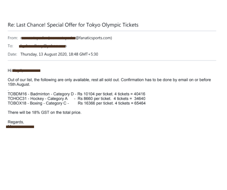 Screenshot of the email sent by fanatic sports representative.