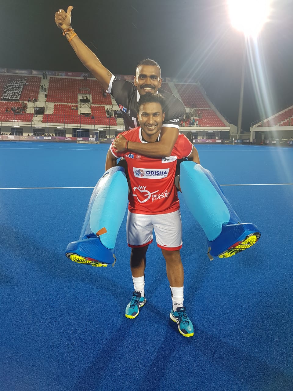 VR Raghunath with P. R. Sreejesh during the exhibition match in 2018 ahead of the FIH Men's World Cup in Bhubaneswar.