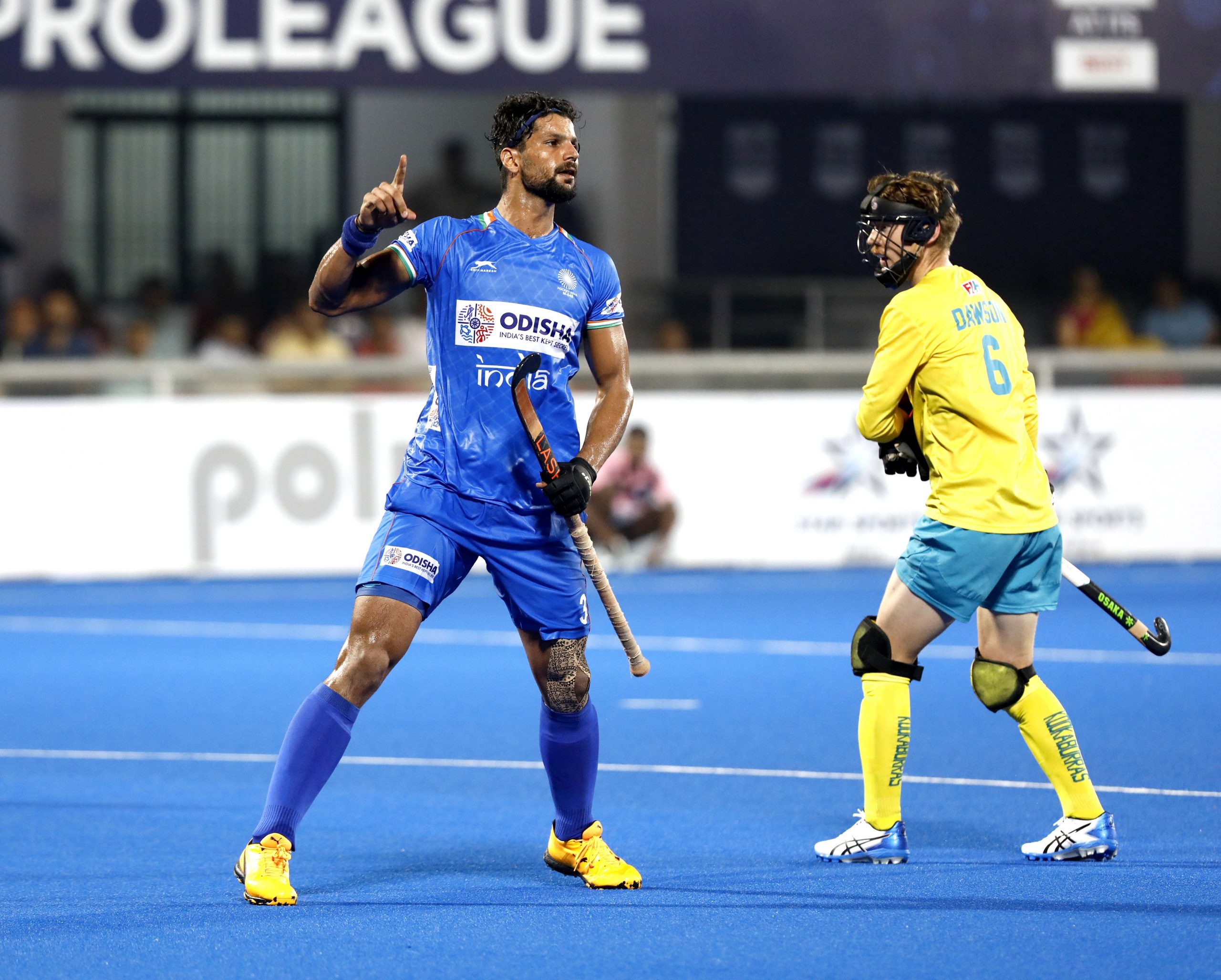 Rupinder Pal Singh after scoring his goal against Autralia at the FIH Pro Hockey League 2020 (Source: Hockey India)