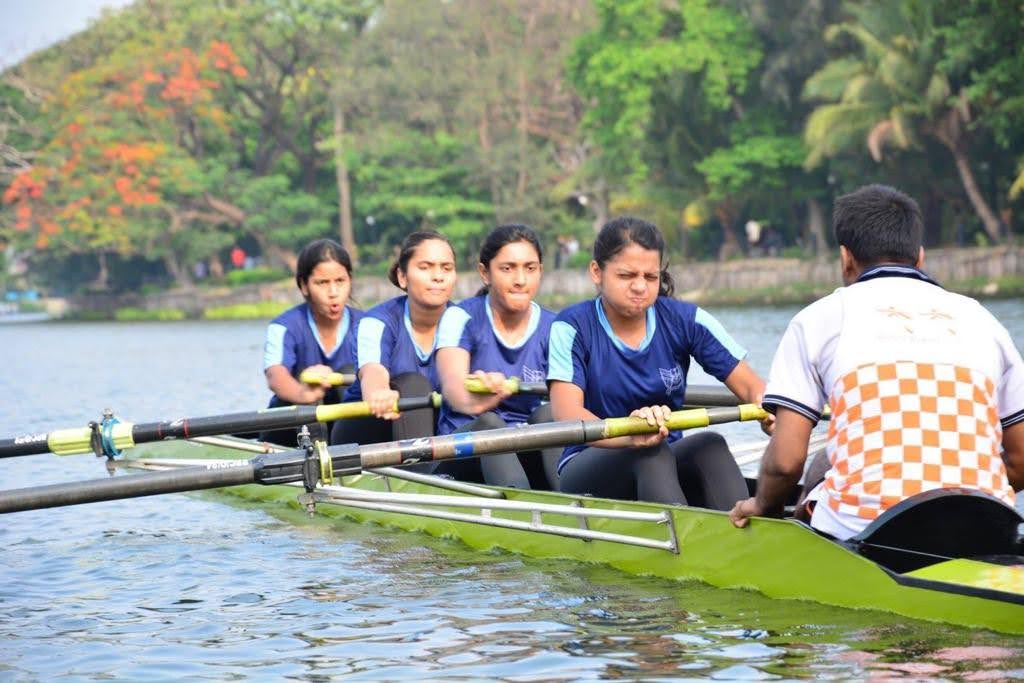 Female rowers train