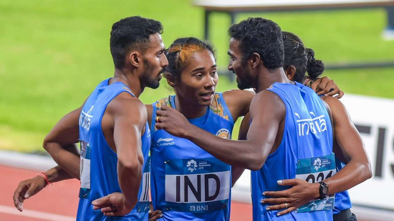 Hima Das winning gold at the Asian Games in the mixed relay event