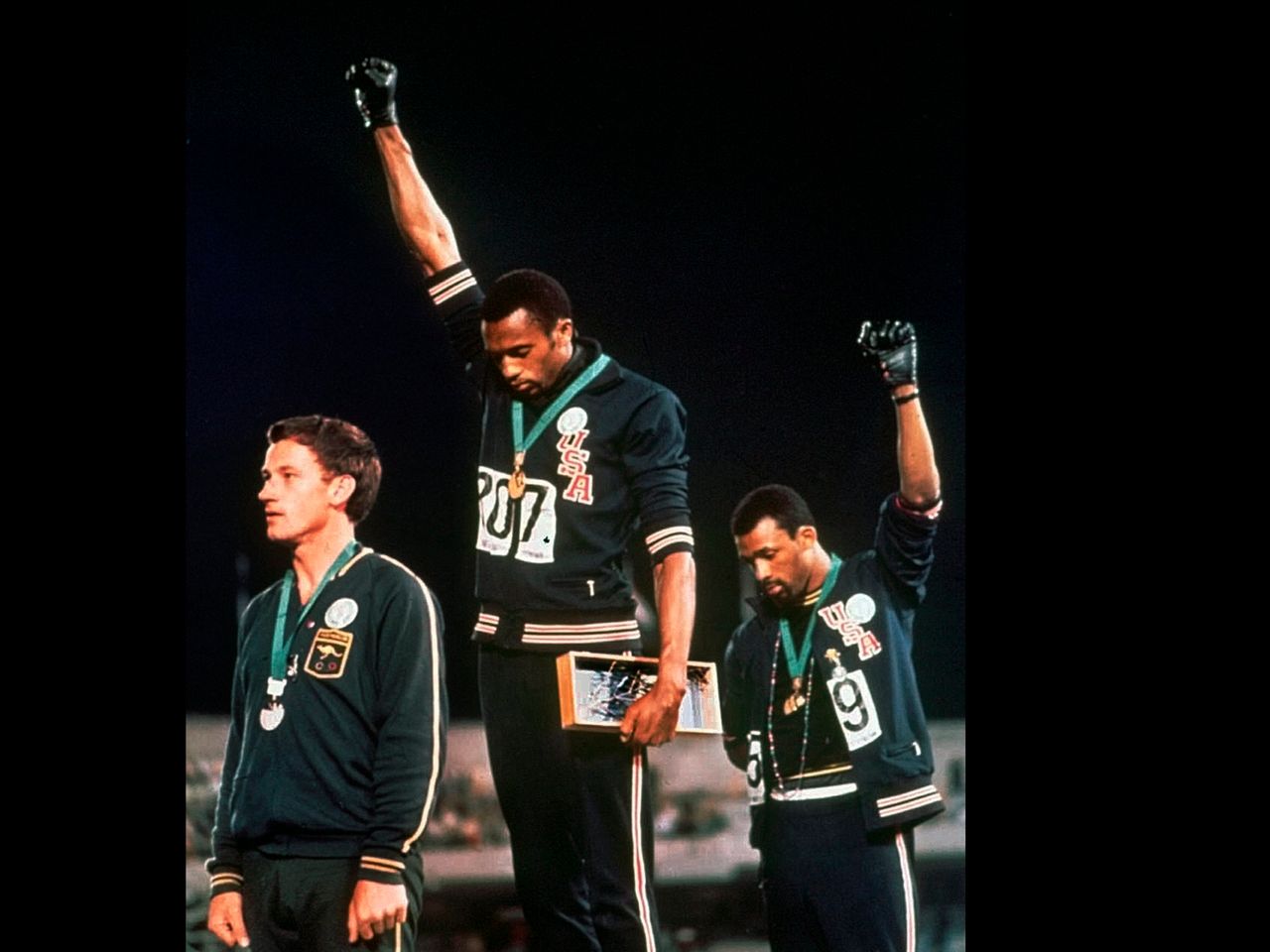 At the 1968 Mexico City Olympics, 200m winner Tommie Smith and bronze medallist John Carlos each raised an arm in a black-gloved protest